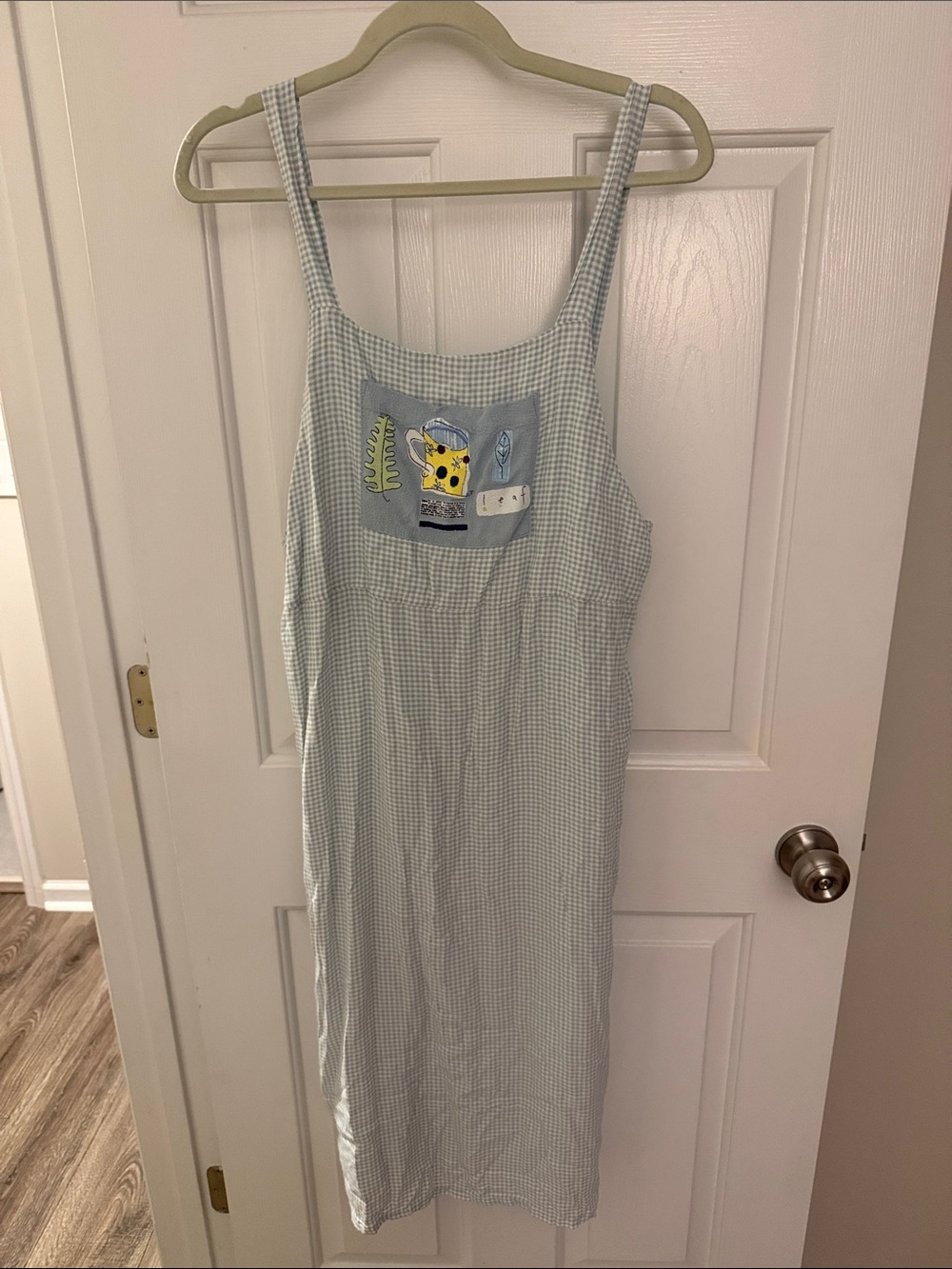 Light Blue Gingham Midi Dress with Embroidered Chest Patch